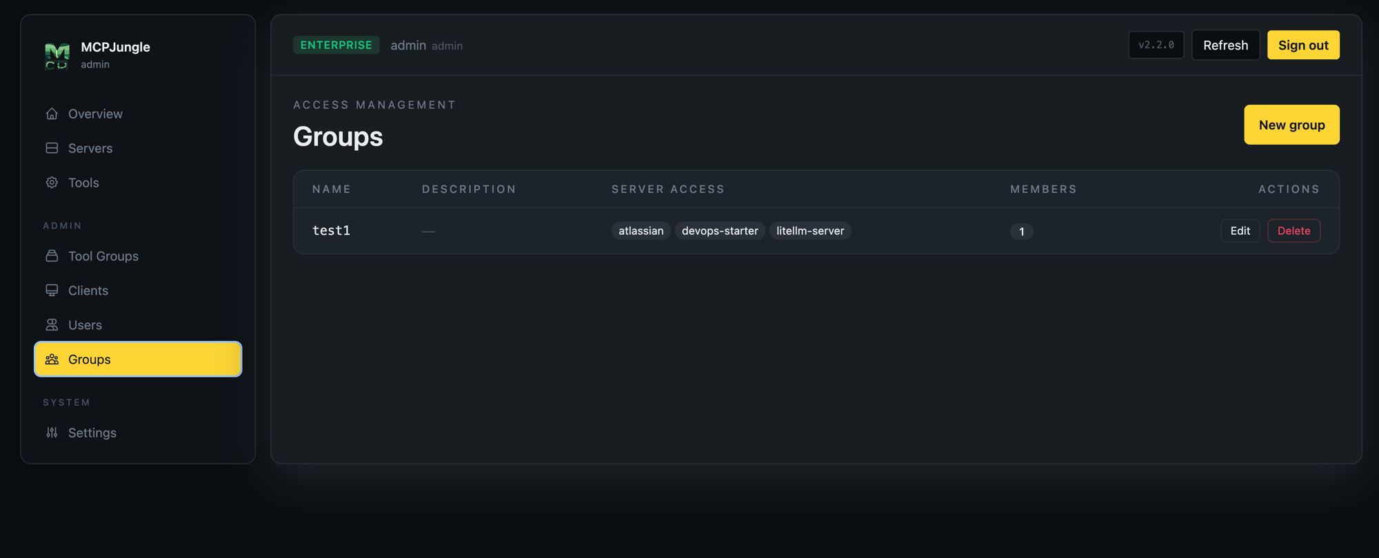 MCPJungle groups management page