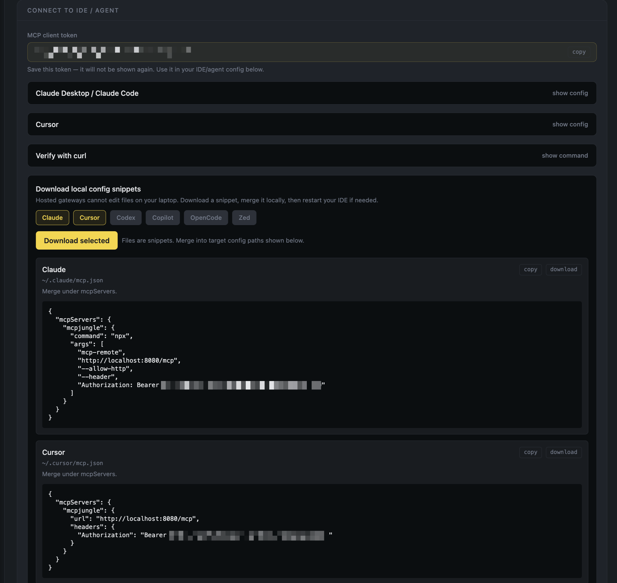 MCPJungle settings page with IDE connection snippets