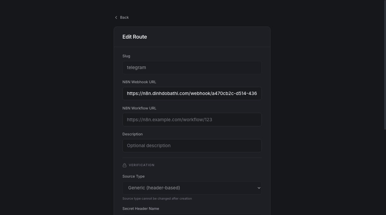 n8n Webhook Gateway edit route form