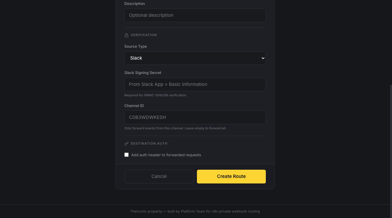 n8n Webhook Gateway create route verification section